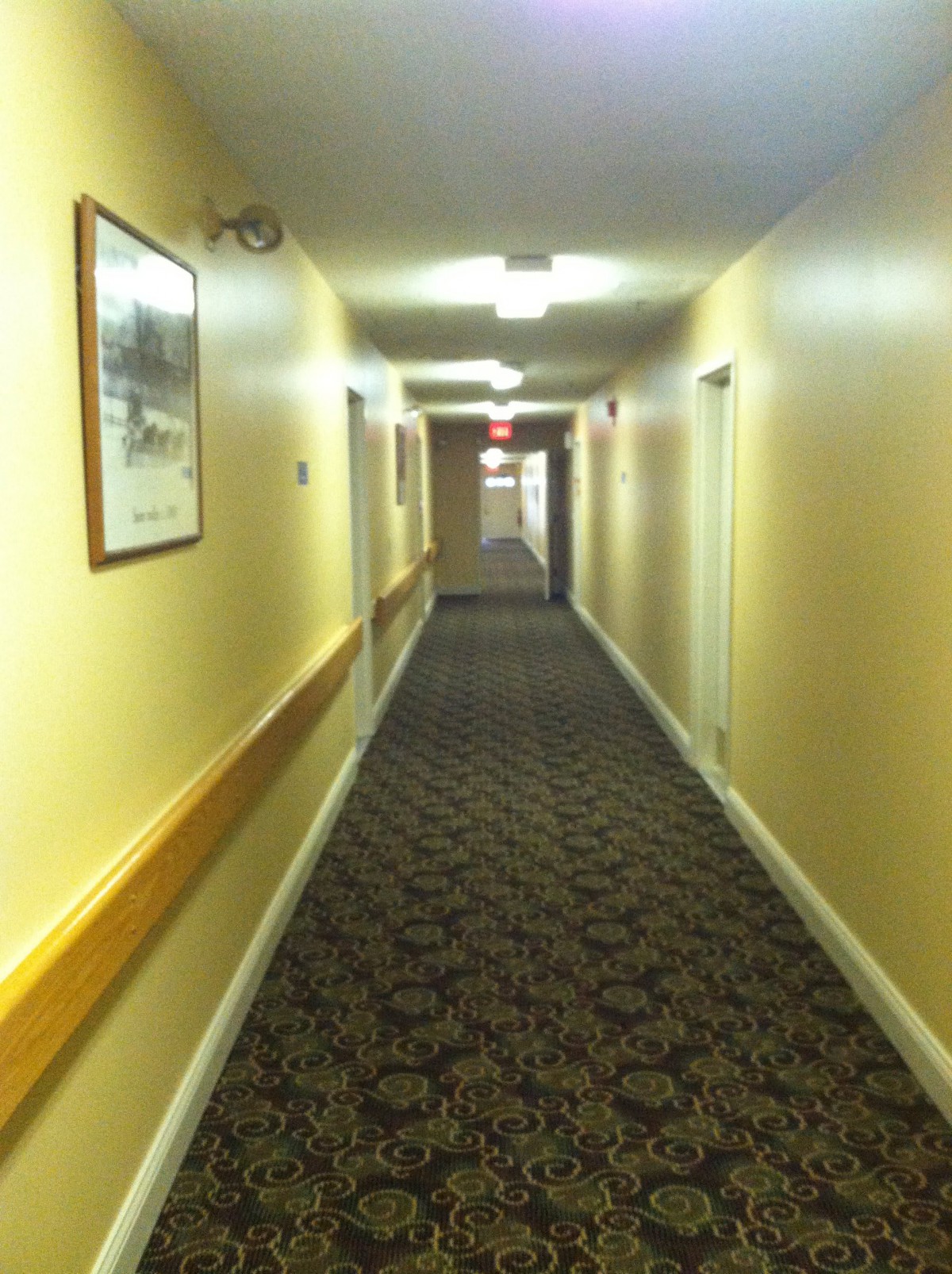 A dimly lit hallway with carpet and multiple doors on either side.
