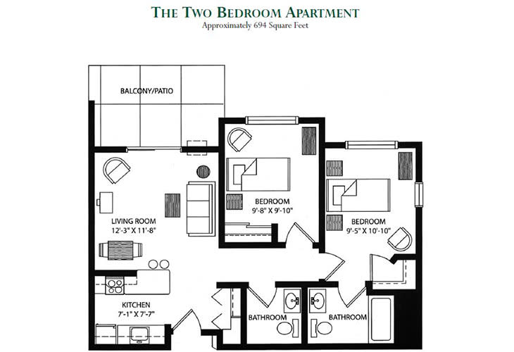 Floor plan of a two-bedroom apartment layout.