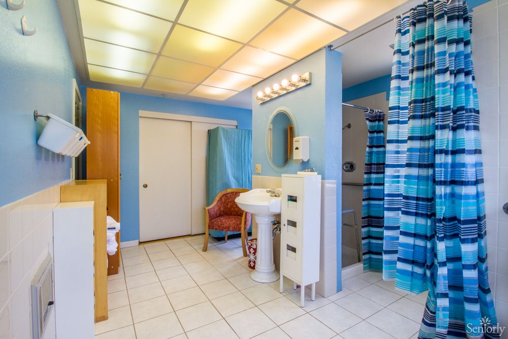A brightly lit bathroom with a blue color scheme, featuring a shower curtain, sink, mirror, and ample storage.