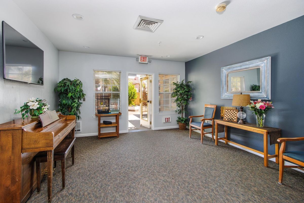 A well-lit room featuring a piano, seating area, and decorative plants.