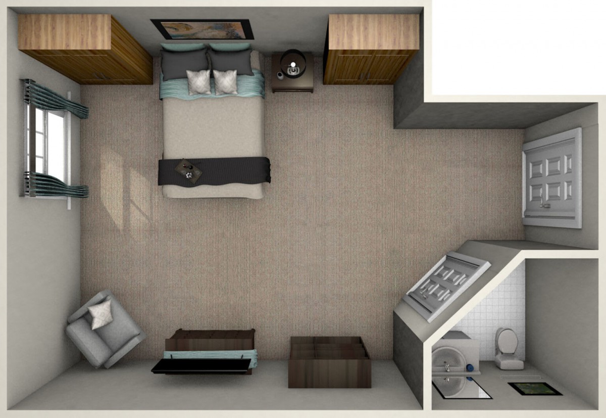A top view of a modern bedroom layout featuring a bed, side tables, and seating area.