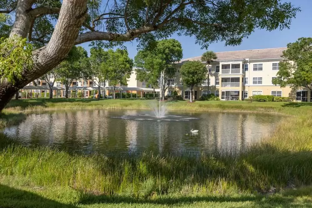 A scenic view of a pond with a fountain surrounded by trees and buildings.