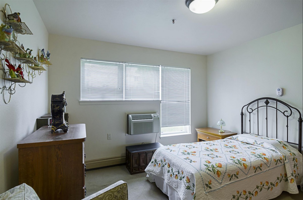A simple, well-lit bedroom with a bed, dresser, and window.
