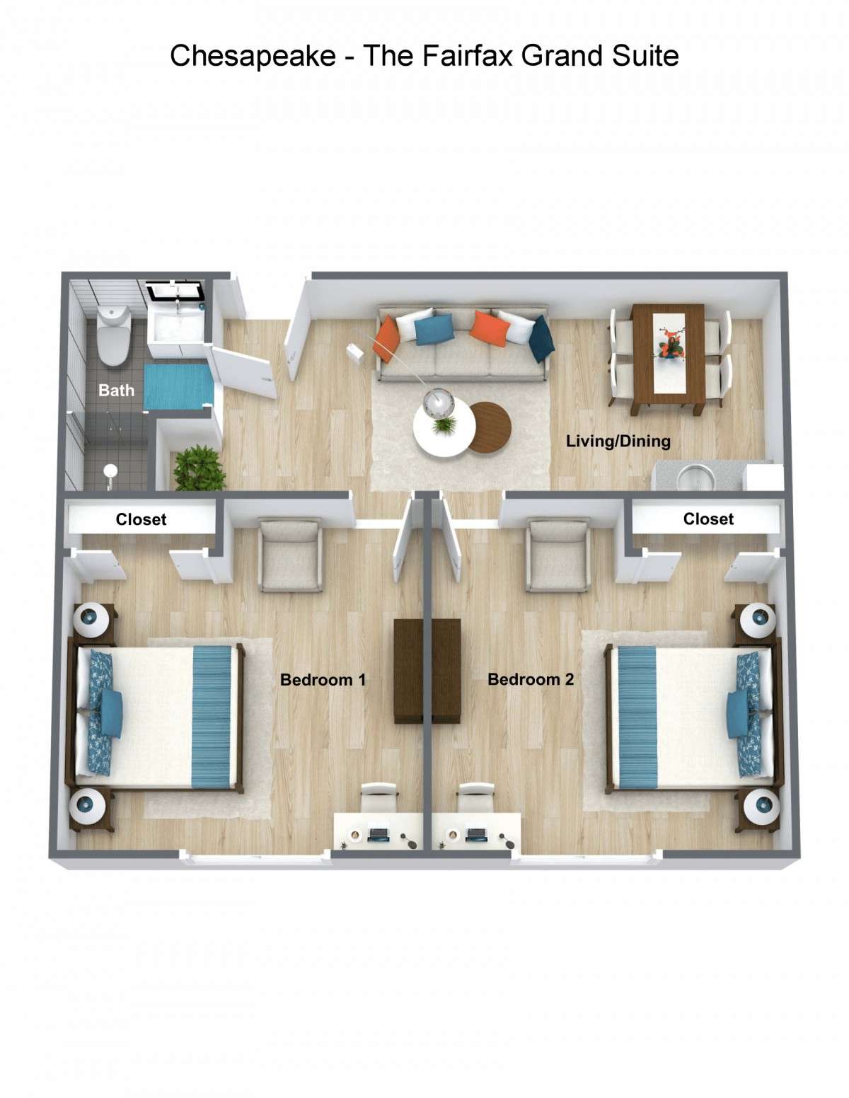 Two-bedroom apartment floor plan with a shared bathroom, living room, and kitchen area.