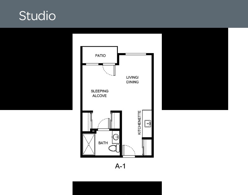 Studio apartment floor plan with living/sleeping area, kitchen, and bathroom.