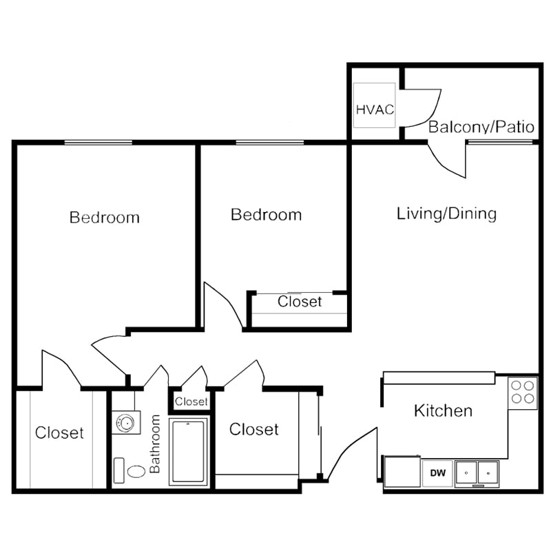 A floor plan of a two-bedroom apartment including a bathroom, kitchen, and living/dining area with a balcony.