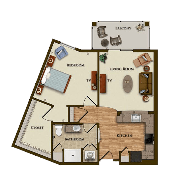 A floor plan of a one-bedroom apartment featuring a living room, kitchen, bathroom, and balcony.