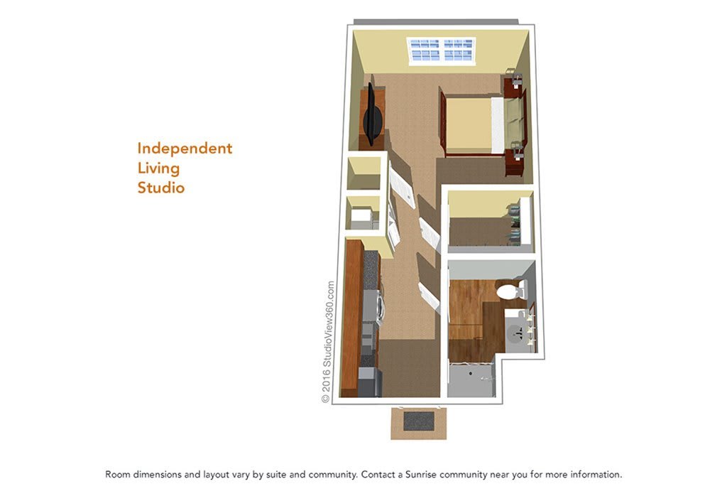 3D floor plan of an independent living studio apartment.