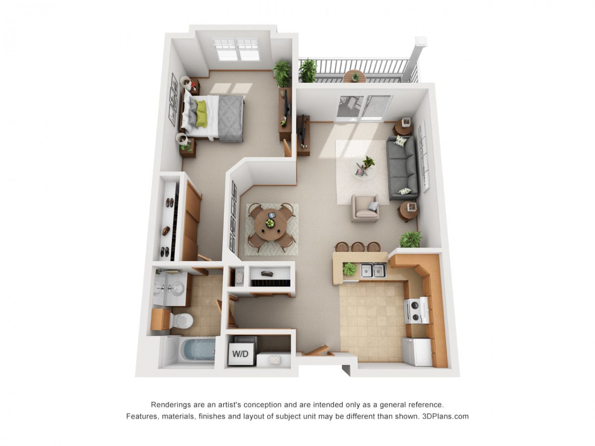 A detailed floor plan of a one-bedroom apartment, featuring a living room, kitchen, bathroom, and balcony.