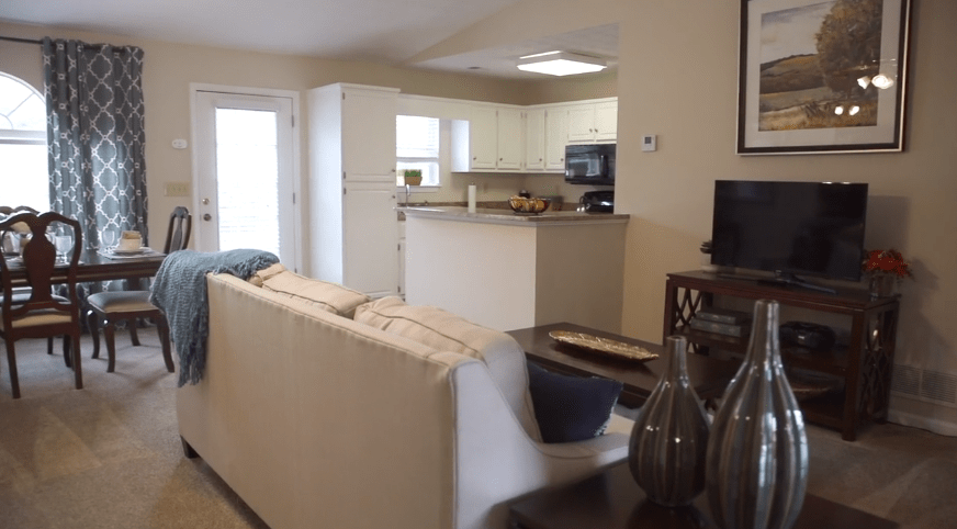 A modern open-concept living room and kitchen area with a sofa, TV, and stylish decor.