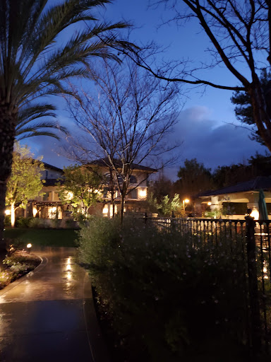 A serene garden scene illuminated by soft lights at dusk.