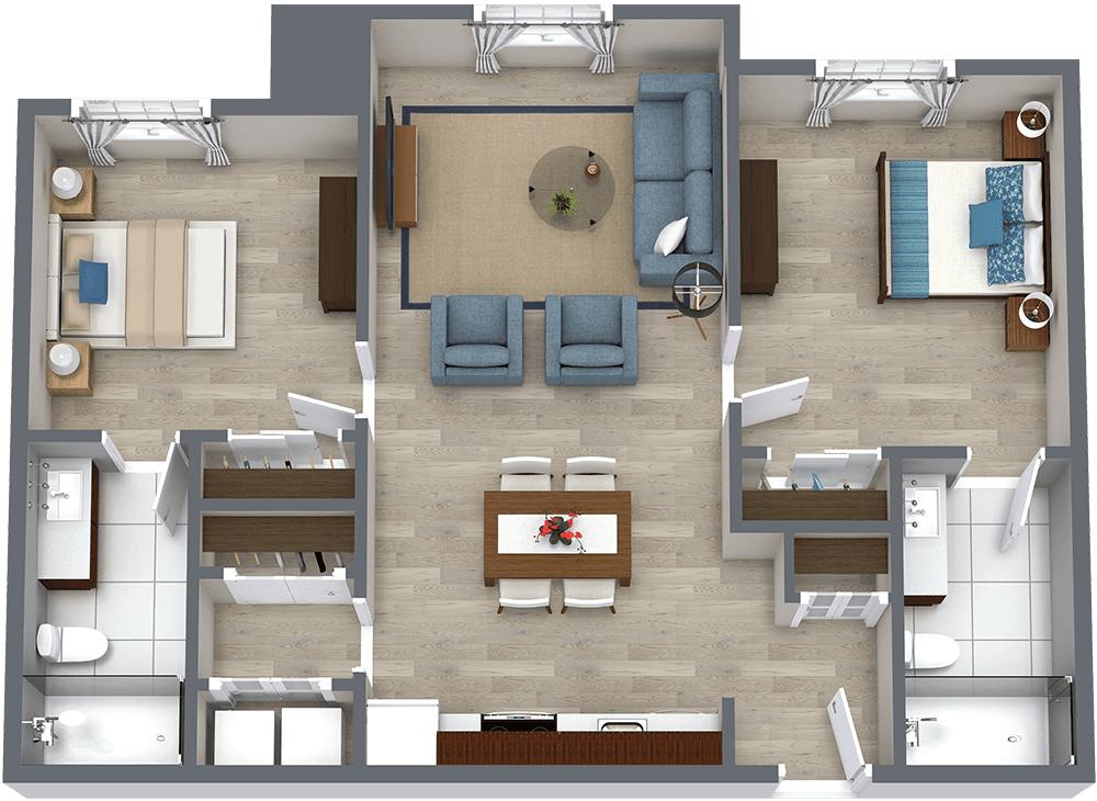 A digital floor plan of an apartment featuring a living room, two bedrooms, a kitchen, and dining area.