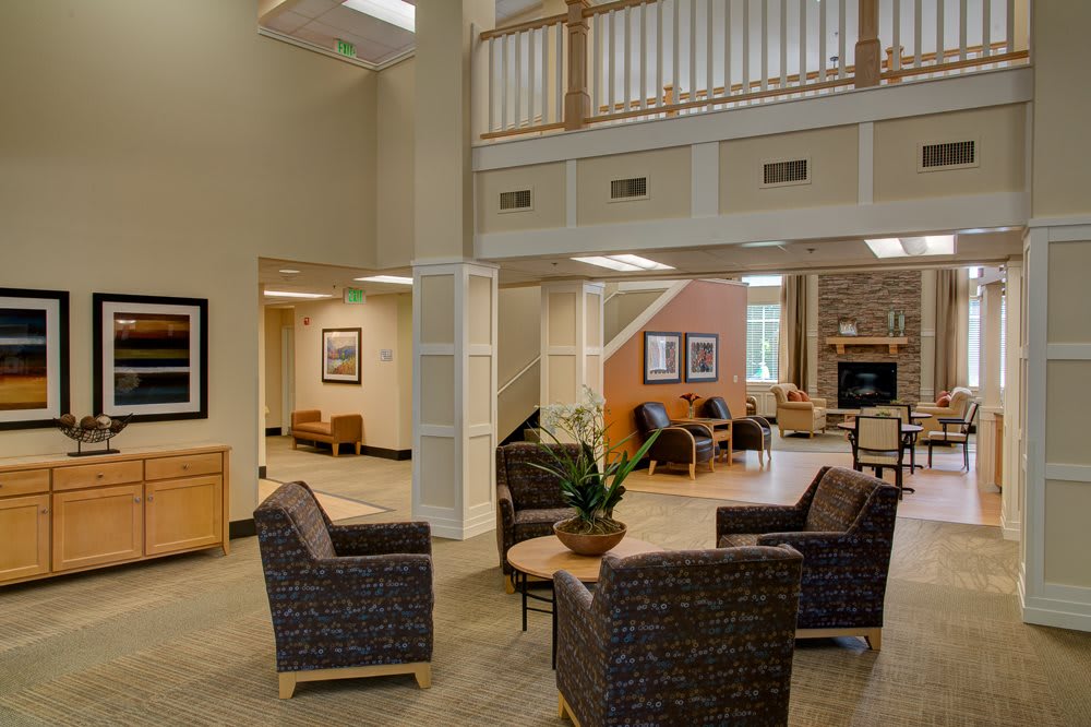 A modern lobby with comfortable seating and stylish decor.