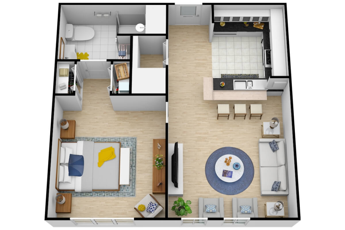 A modern floor plan of a 1-bedroom apartment featuring an open kitchen and living area.