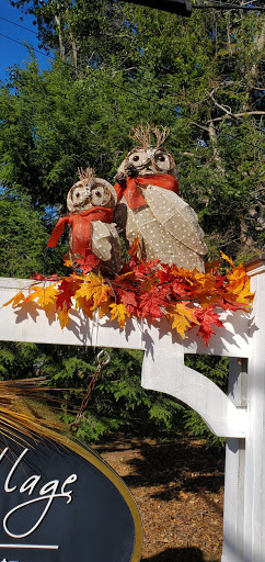 Whimsical owl decorations surrounded by vibrant autumn leaves.