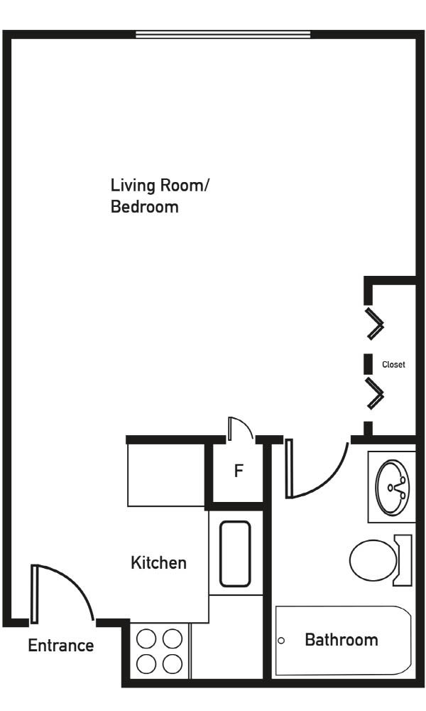 Studio apartment floor plan with designated areas for the kitchen, living room/bedroom, and bathroom.