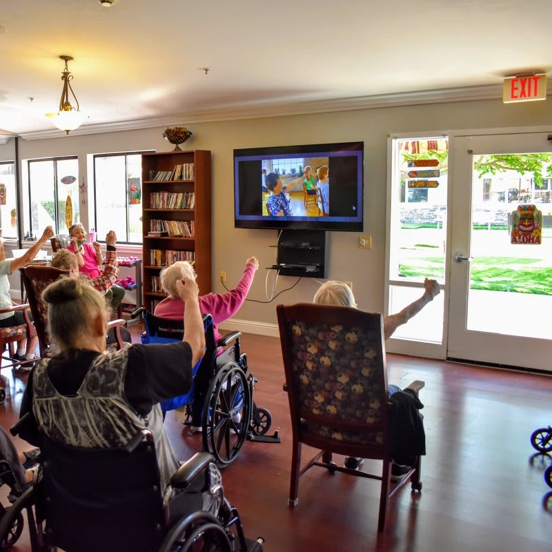 Elderly individuals participating in a group exercise session while seated, following along with a program on television.