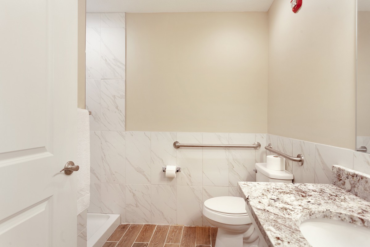 A modern bathroom with accessible features including a toilet, shower, and marble countertop.