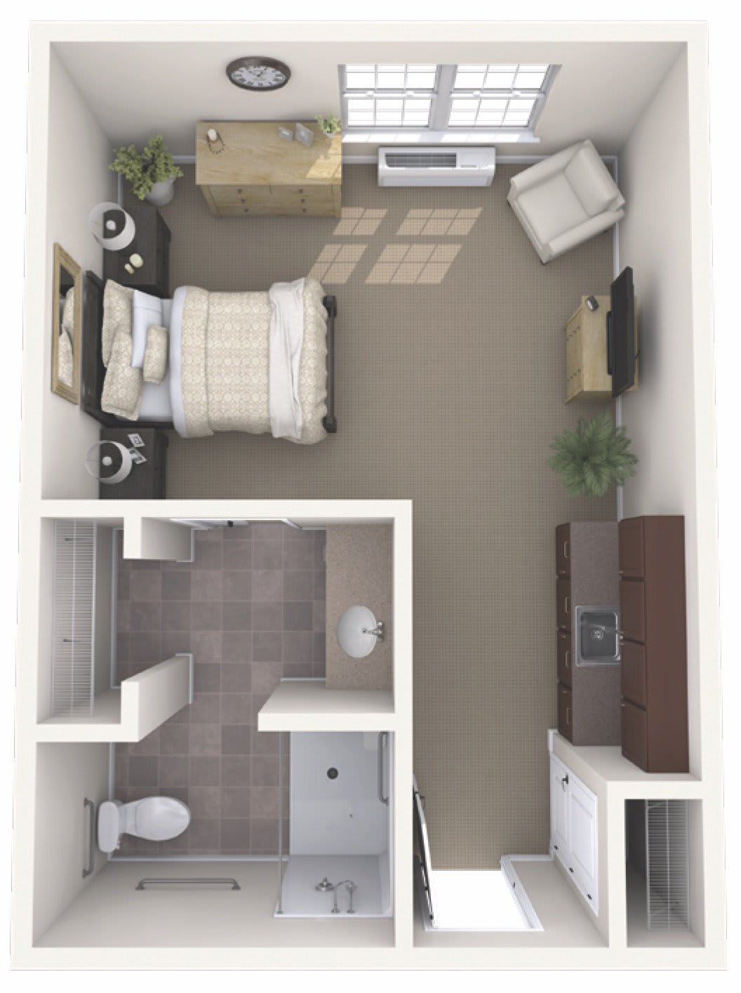 A 3D rendered floor plan of a small apartment, featuring a bedroom and bathroom.
