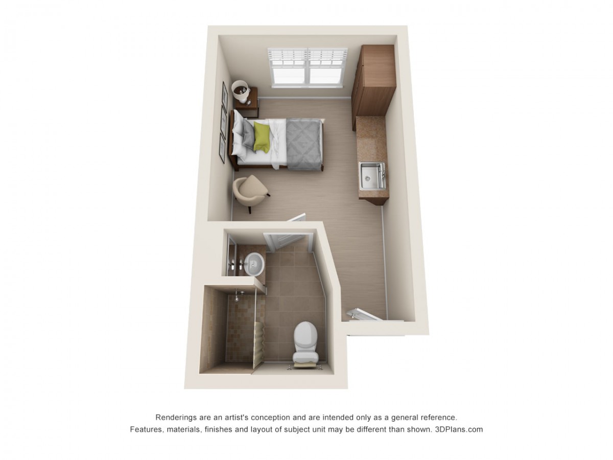 3D floor plan of a compact bedroom with attached bathroom.