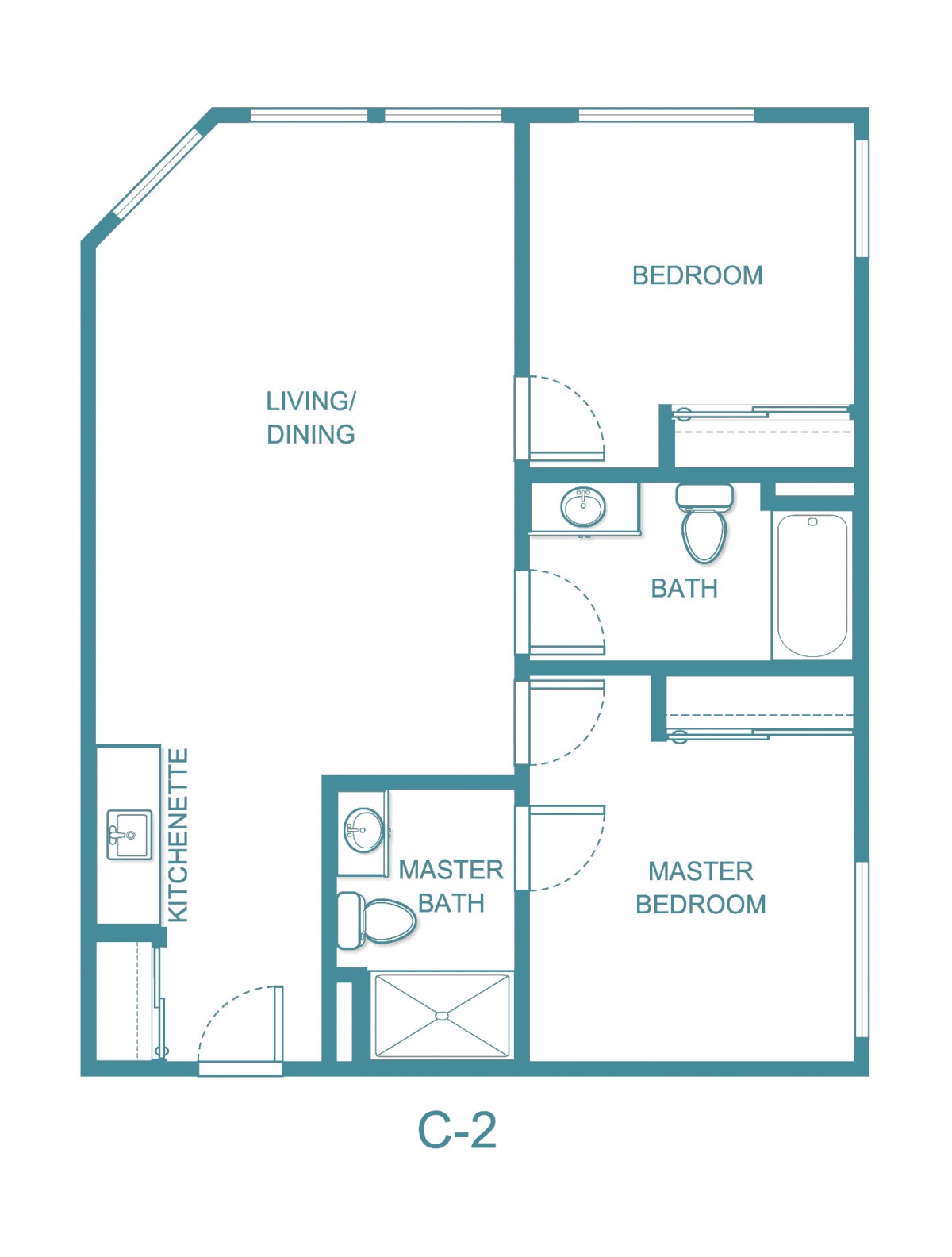 A floor plan of an apartment featuring a master bedroom, bedroom, two bathrooms, and a living/dining area.