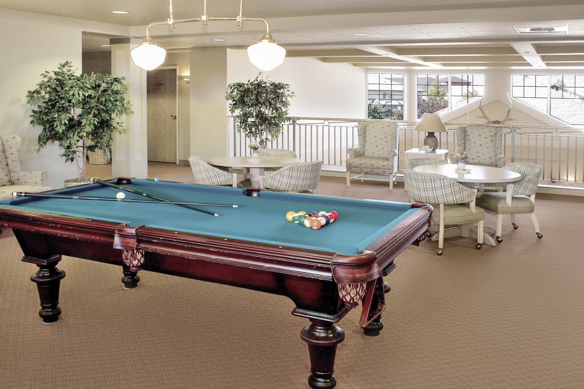 A stylish indoor recreation room featuring a billiard table and comfortable seating.