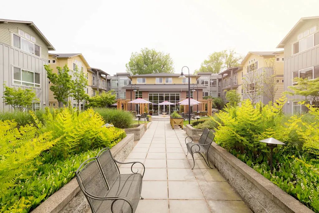 A serene courtyard featuring lush greenery, benches, and a pathway leading to a building.