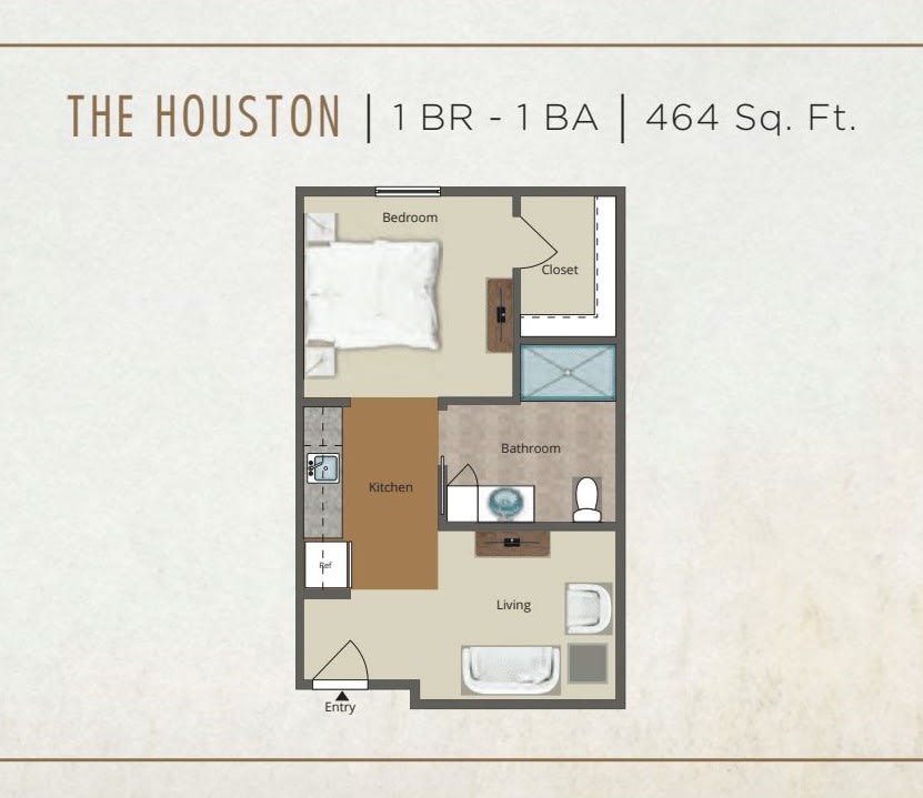 The Houston: A 1-bedroom, 1-bathroom apartment floor plan with a total area of 464 square feet.