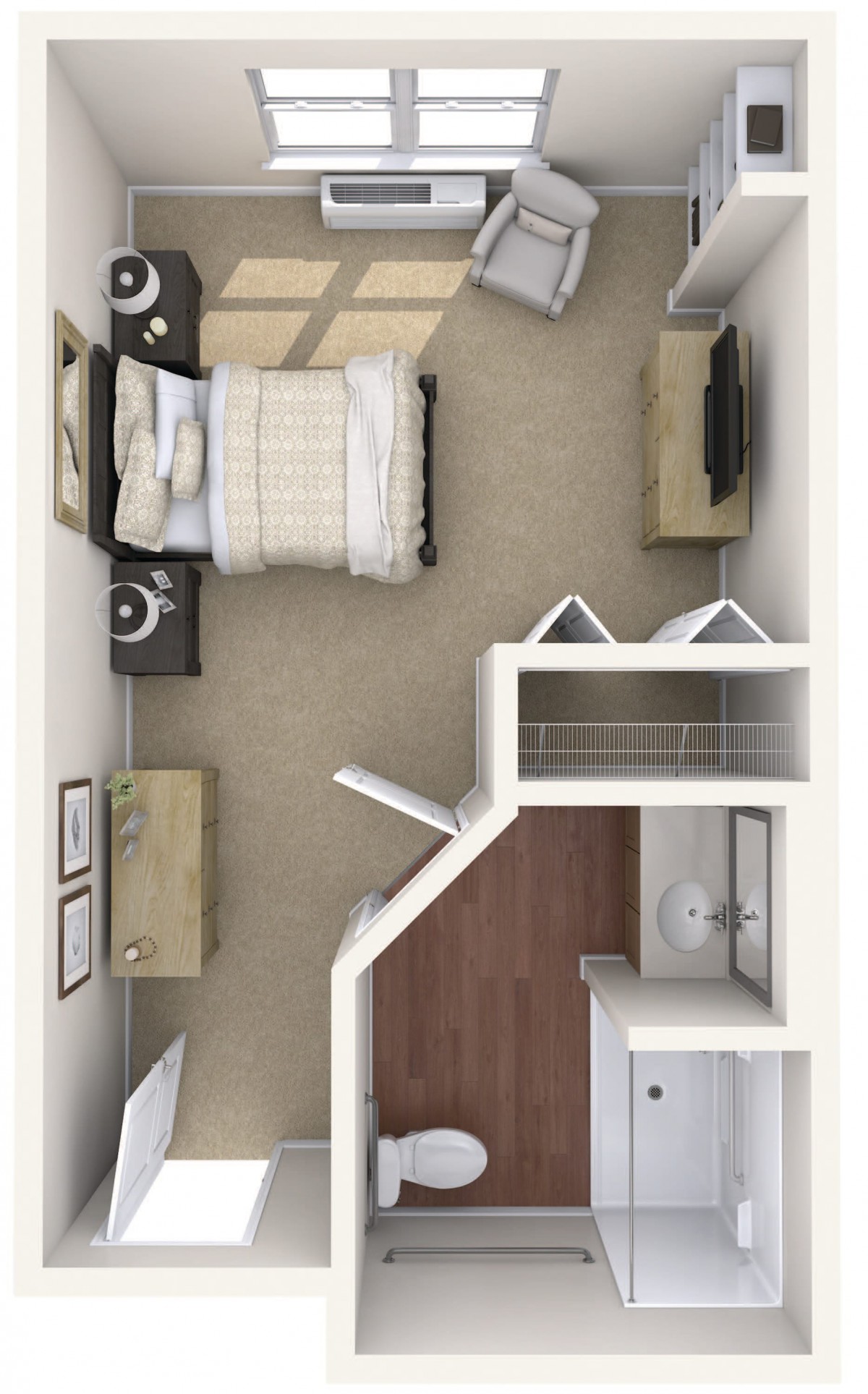 A top-down view of a bedroom floor plan featuring a bed, desk, and TV.