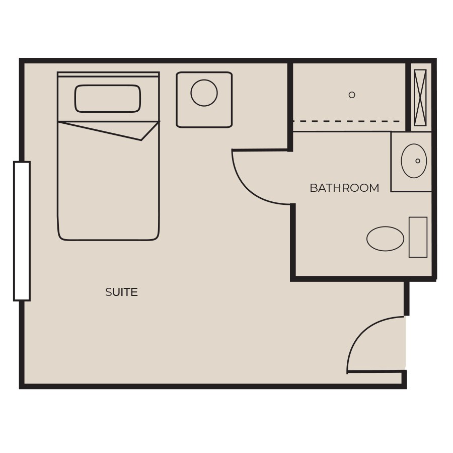 Studio apartment floor plan with a bedroom, bathroom, and living area.
