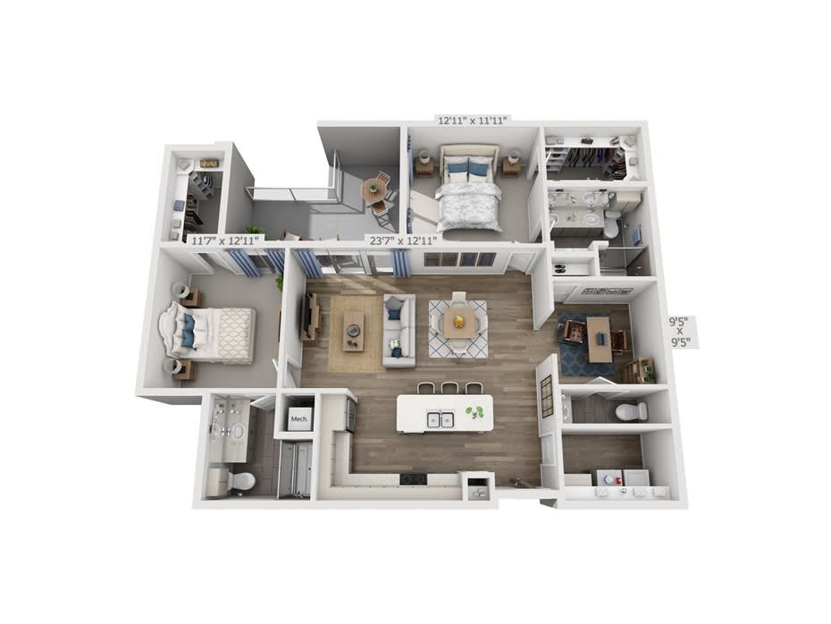 A 3D floor plan of a residential space featuring multiple rooms including a kitchen, living area, and bedrooms.