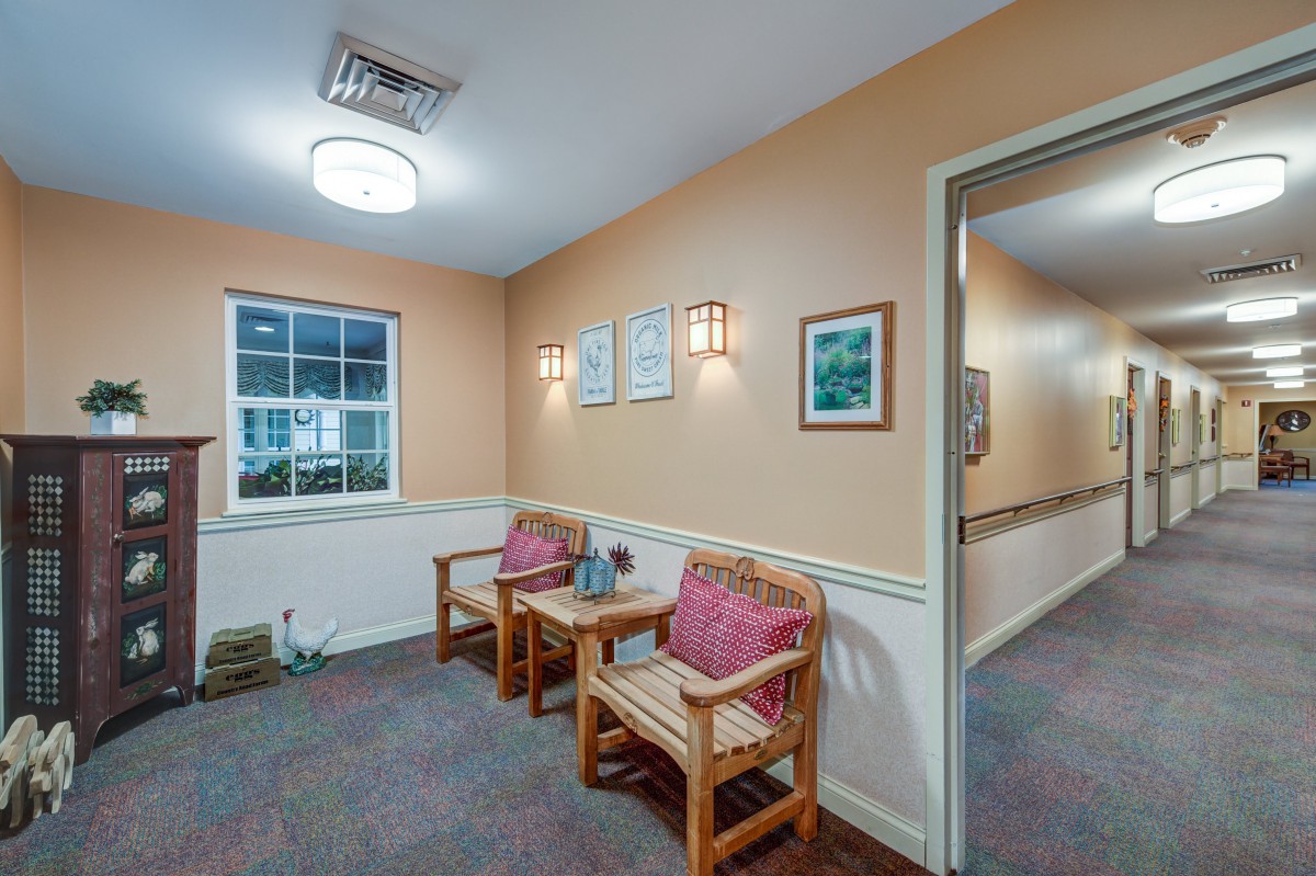 A cozy waiting room with two wooden chairs and paintings on the wall.
