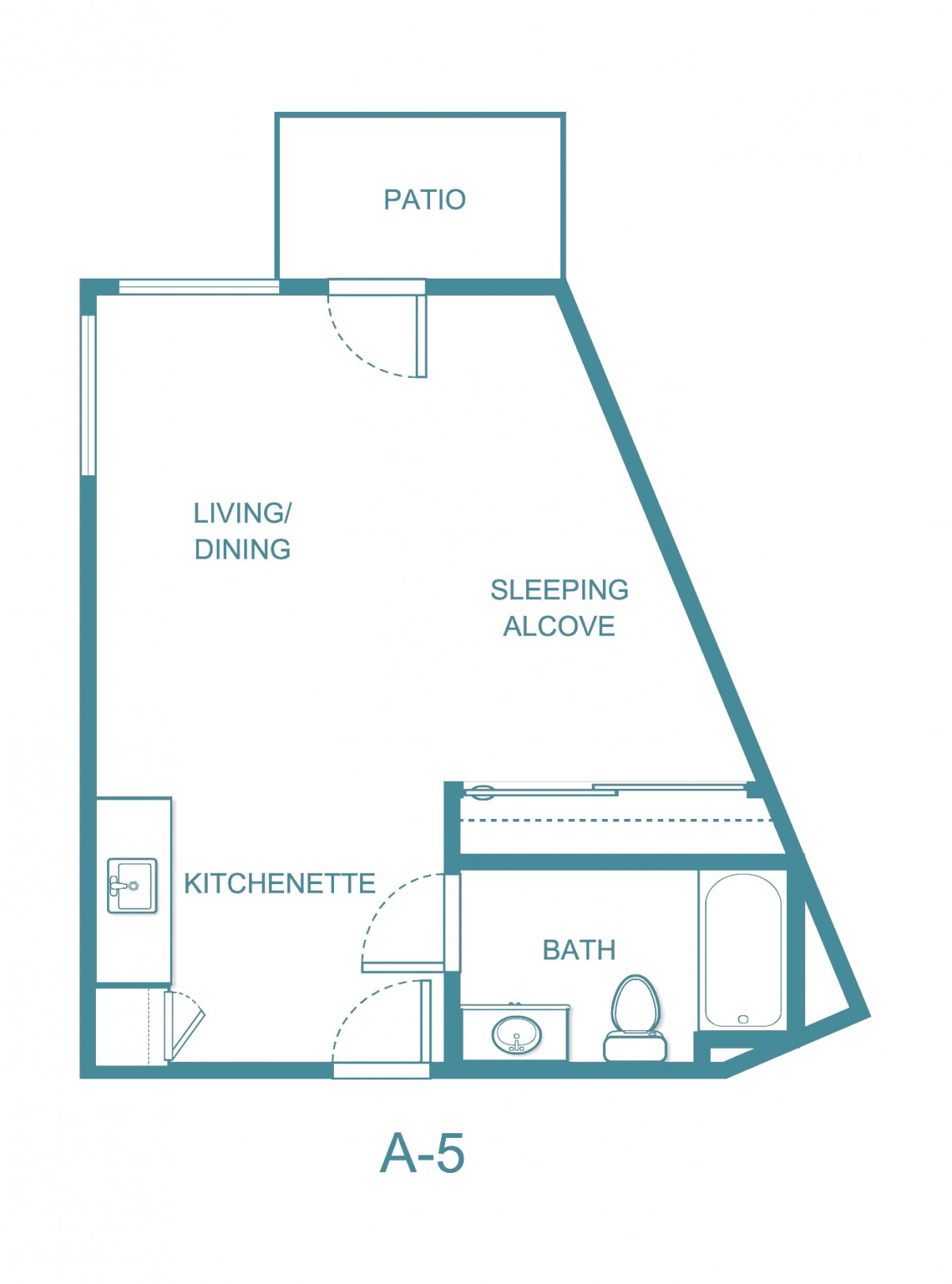 Studio apartment floor plan with a kitchenette, living/dining area, sleeping alcove, and patio.