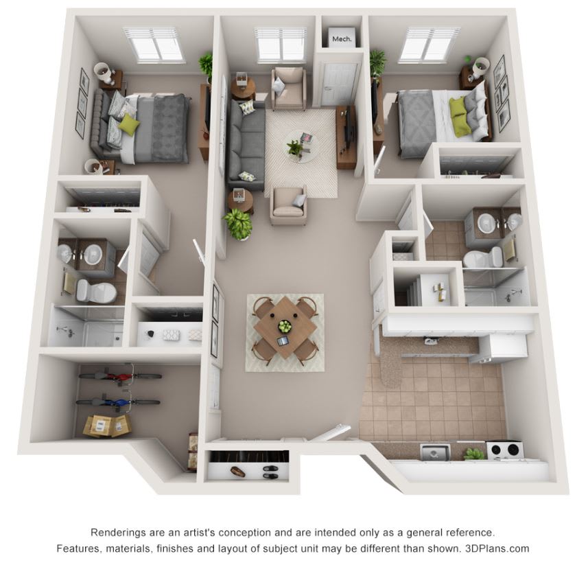 A 3D floor plan of a modern apartment featuring two bedrooms, two bathrooms, a kitchen, and a living area.