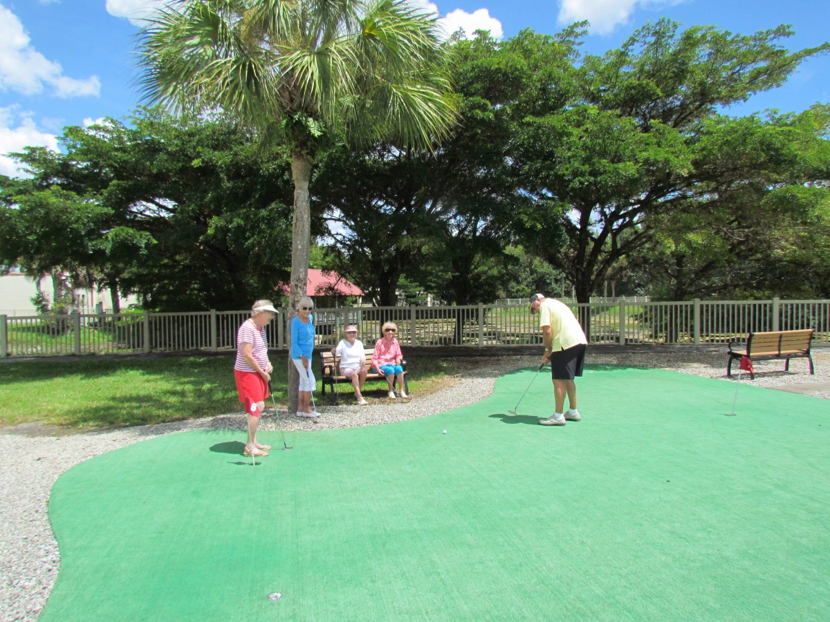 People enjoying a game of mini-golf at the park on a sunny day.