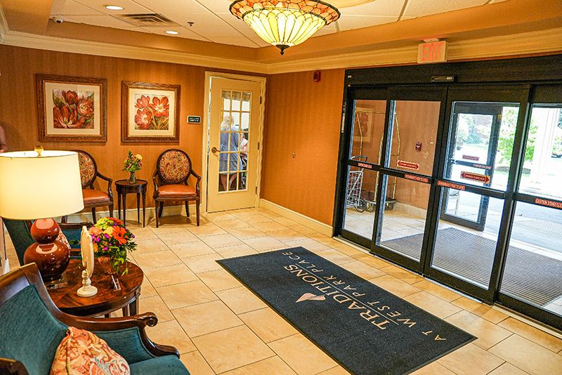 A welcoming lobby entrance with seating and decor.