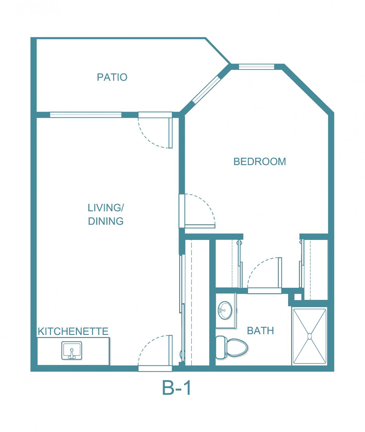 A floor plan of a one-bedroom apartment featuring a living/dining area, kitchenette, bathroom, bedroom, and patio.