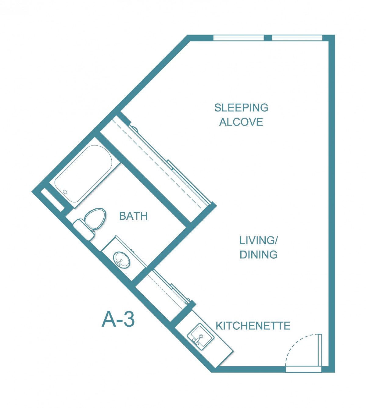 Blueprint of a studio apartment with sleeping alcove, living/dining area, kitchenette, and bathroom.