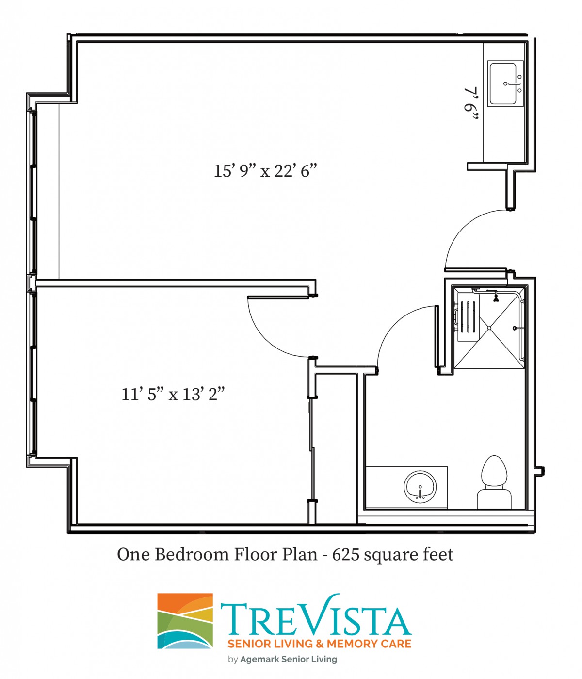 A one-bedroom apartment floor plan measuring 425 square feet.
