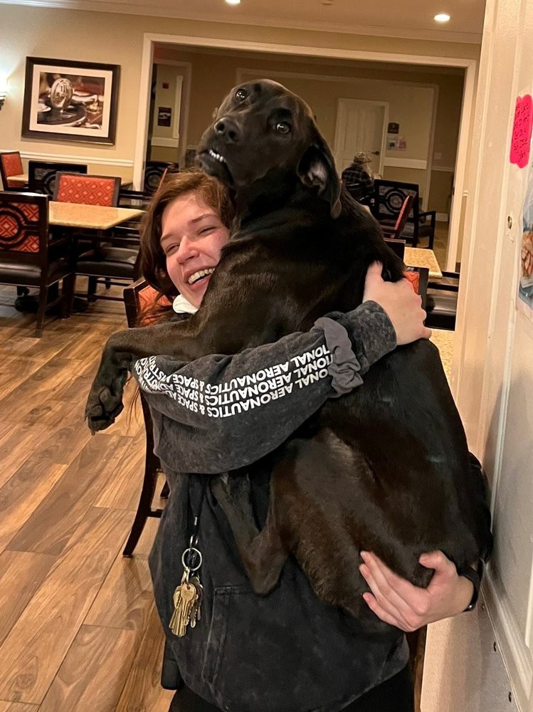 A person happily hugging a large black dog indoors.