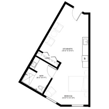 A floor plan of a studio apartment showing the layout of rooms and features.