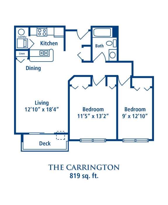 The Carrington floor plan features a two-bedroom apartment with 829 square feet of space.
