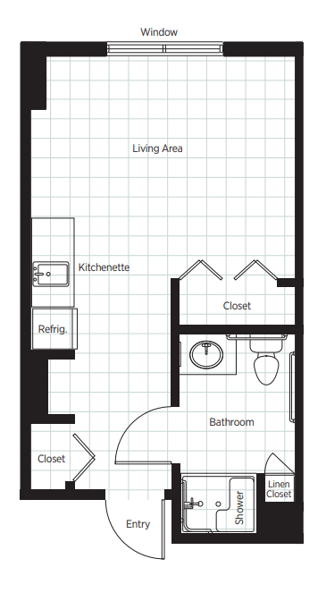 A floor plan of a studio apartment featuring a living area, kitchenette, bathroom, and closet.