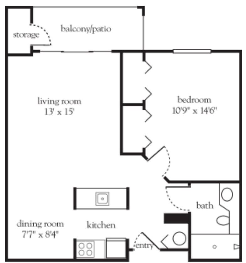 This is a floor plan of an apartment featuring one bedroom, a living room, dining area, kitchen, bathroom, storage space, and a balcony/patio.