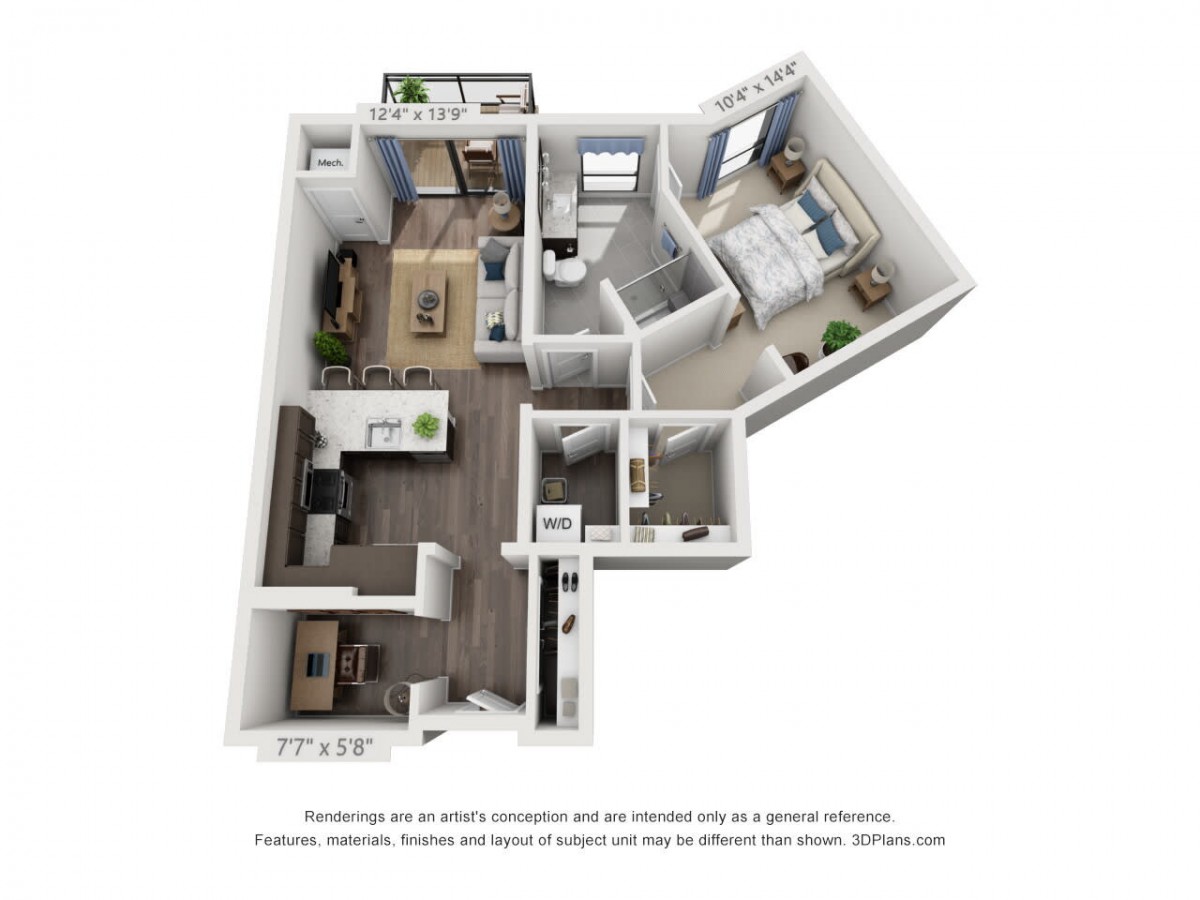 A 3D floor plan of a modern apartment showcasing a living room, kitchen, bedroom, and bathroom.