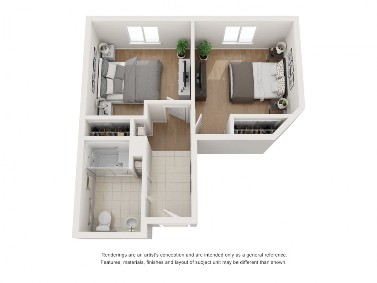 A 3D floor plan of a two-bedroom apartment, showcasing the bathroom and living spaces.