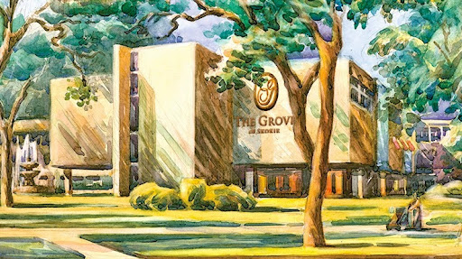 An artistic rendering of a modern building surrounded by lush greenery.