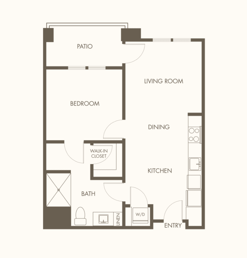 A floor plan showing the layout of a one-bedroom apartment with living room, dining area, kitchen, bedroom, bath, and balcony.