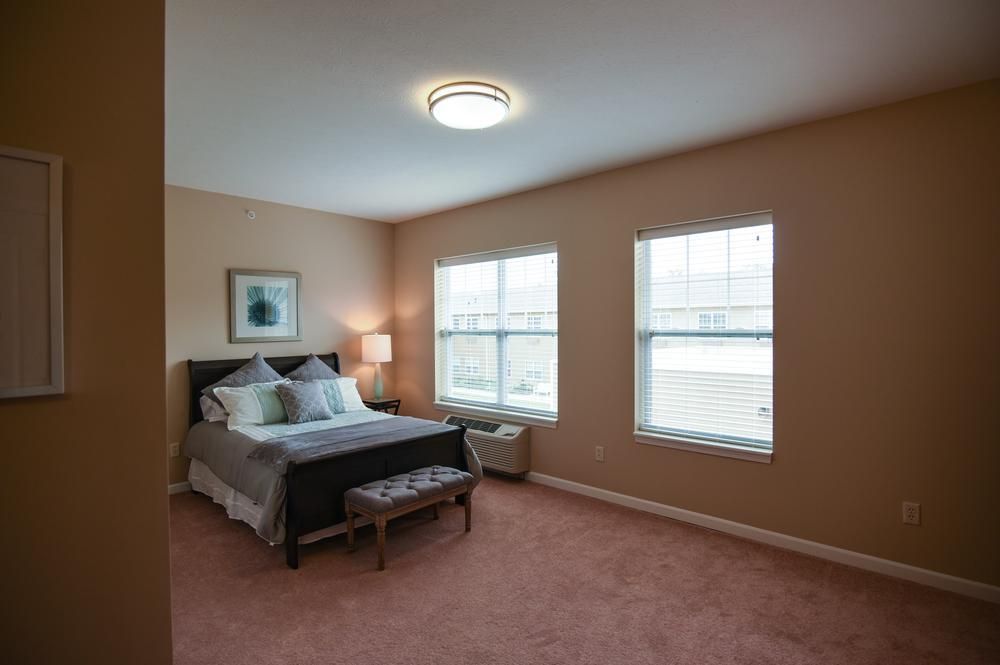 A cozy bedroom with carpeted flooring, featuring a bed, bedside lamp, and two large windows.
