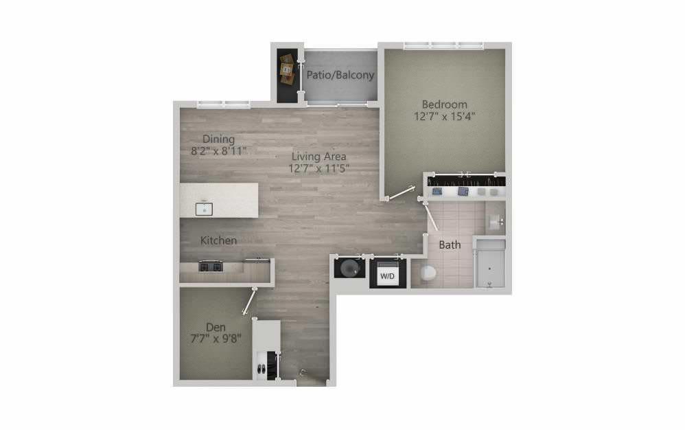 Floor plan of a one-bedroom apartment with kitchen, living room, bathroom, and balcony.